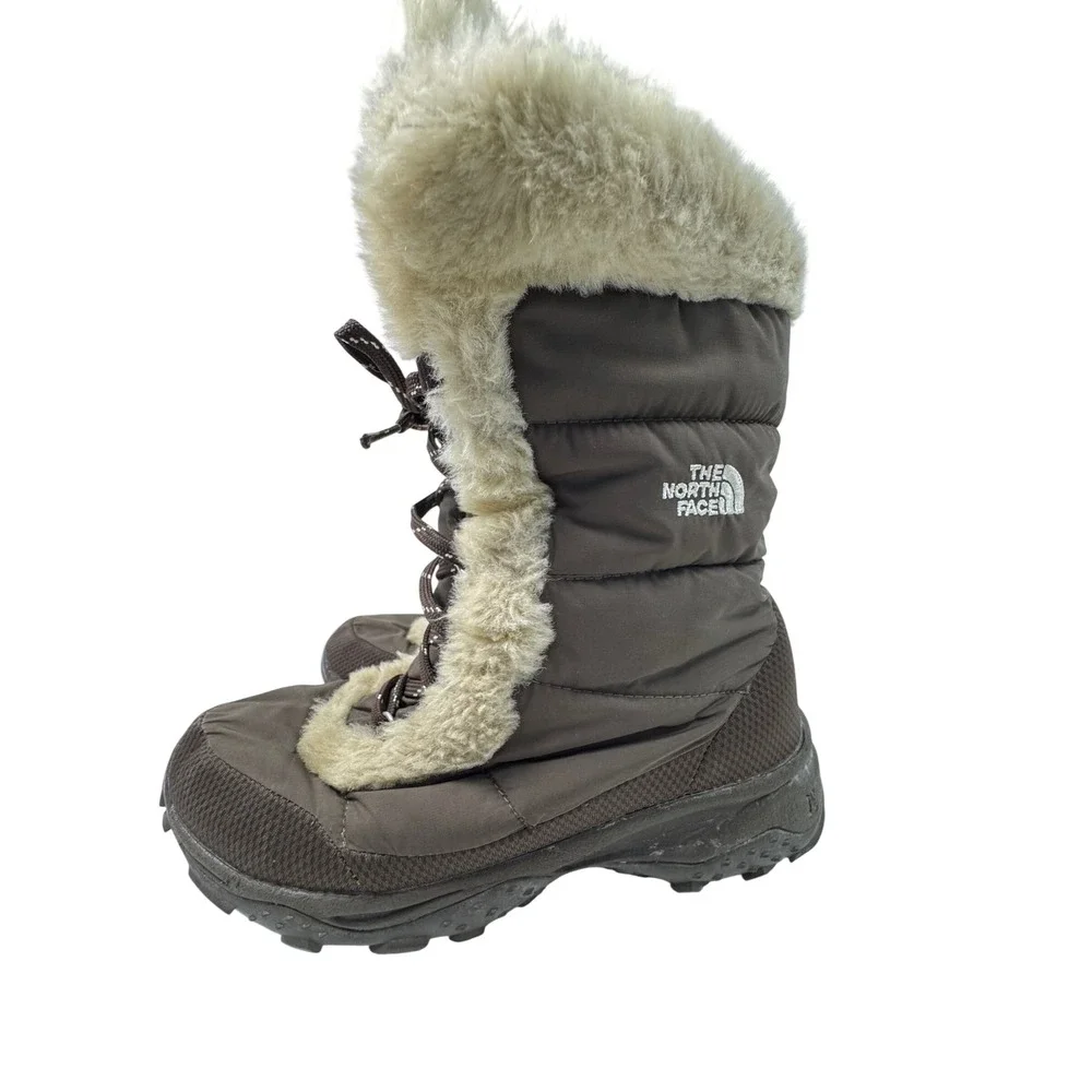 The North Face Nuptse Winter Boots Women's 6 Brown Faux Fur Trim Lace Up Quilted